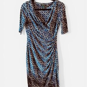 Lauren Ralph Lauren Blue and Black Geometric Wrap Midi Dress